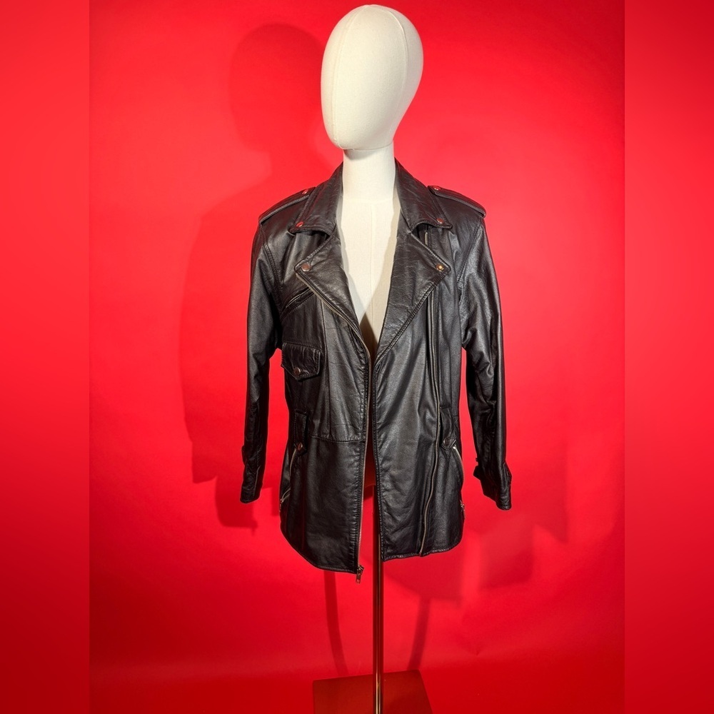 Vintage 1980s Wilson’s Leather Black Leather Oversized Moto Jacket - Picture 7 of 12